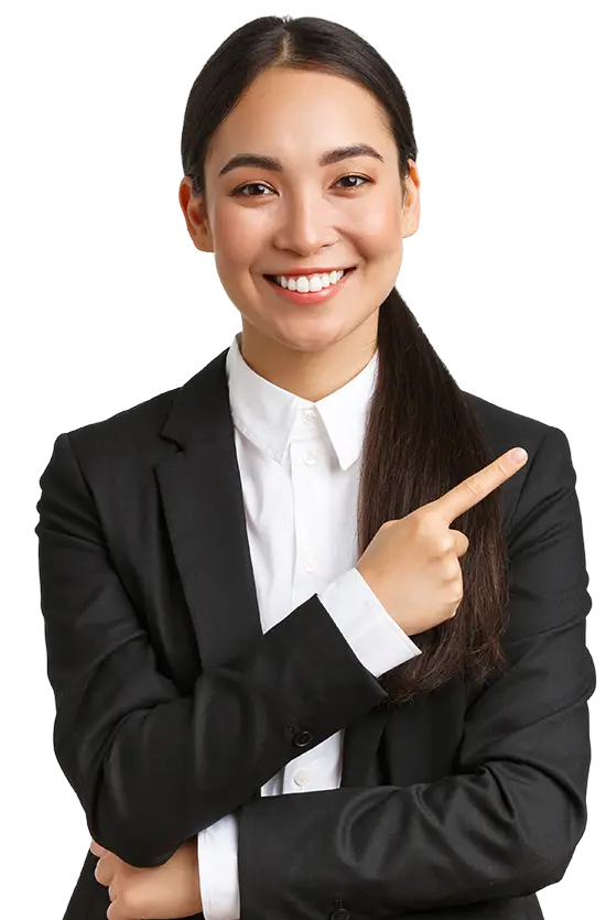 a woman in a suit pointing at something