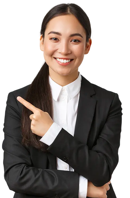 a woman in a suit pointing at something